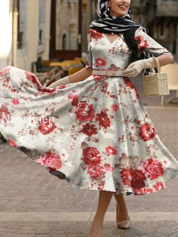 Women’s Vintage Floral Print Pocket Cotton Elegant Midi Dress A / S