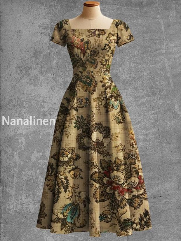Women’s Vintage Floral Print Short Sleeve Elegant Midi Dress A / S