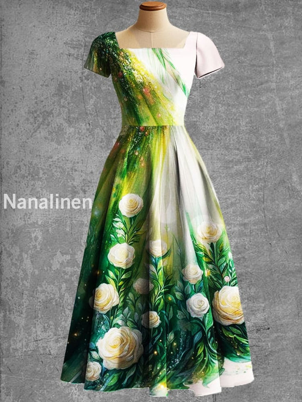 Women’s Vintage Floral Print Short Sleeve Elegant Midi Dress A / S