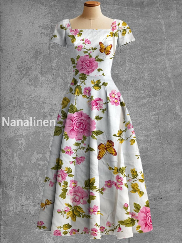 Women’s Vintage Floral Print Short Sleeve Elegant Midi Dress A / S
