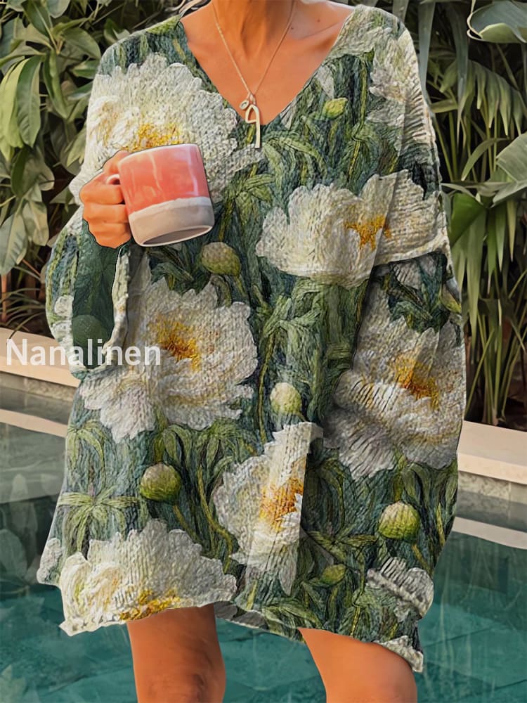 Women’s Vintage Florals Art Print V-Neck Casual Pullover Sweater Light Green / S