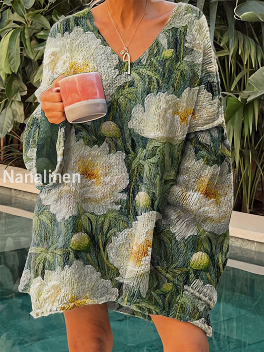 Women’s Vintage Florals Art Print V-Neck Casual Pullover Sweater Light Green / S