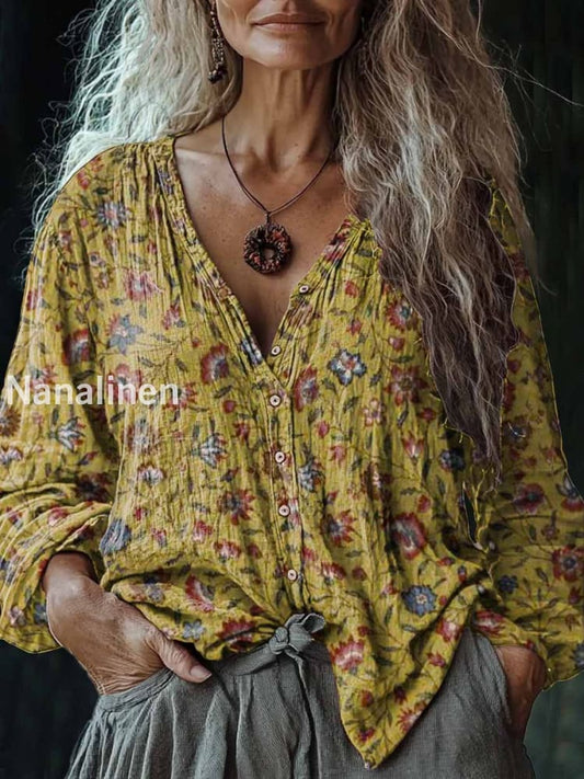Women’s Vintage Flowers Art Print V-Neck Casual Cotton And Linen Shirt Yellow / S