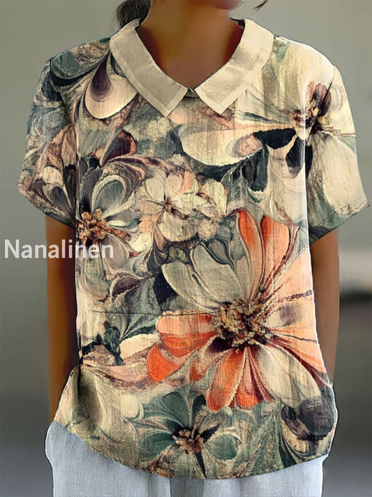 Women’s Vintage Flowers Print Doll Collar Cotton Casual Shirt Colorful / S