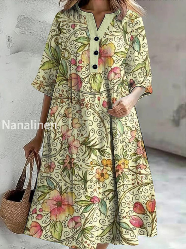 Women’s Vintage Flowes Print Casual V-Neck Midi Sleeve Button Dress Colorful / S