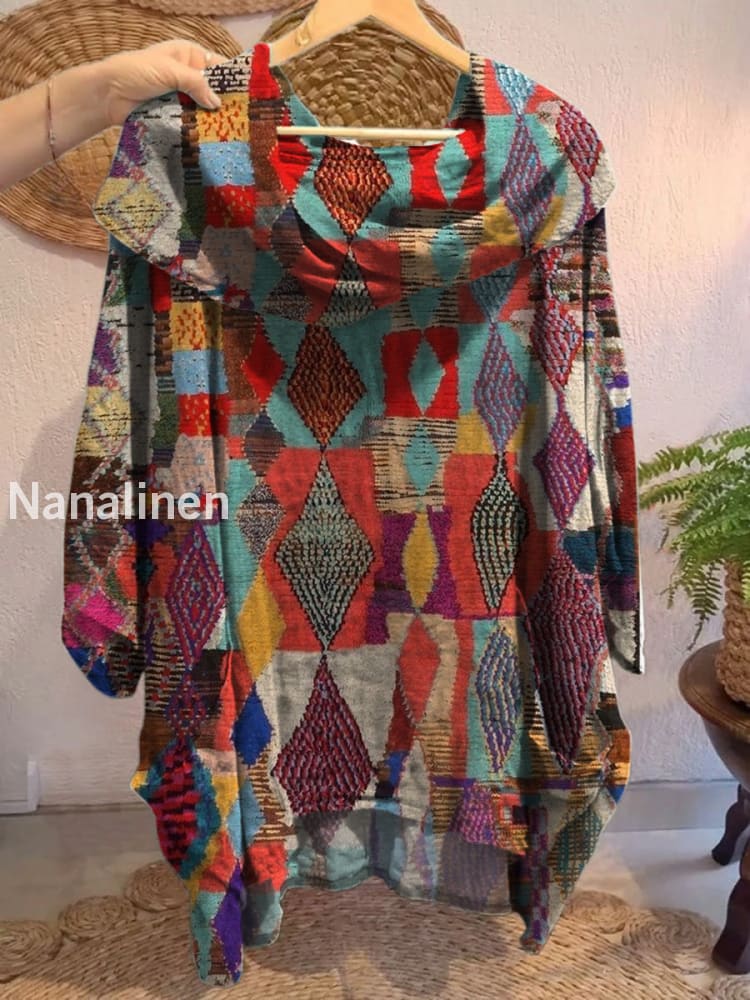 Women’s Vintage Geometric art Print Front and Back Short Sleeve Cotton Shirt A / S