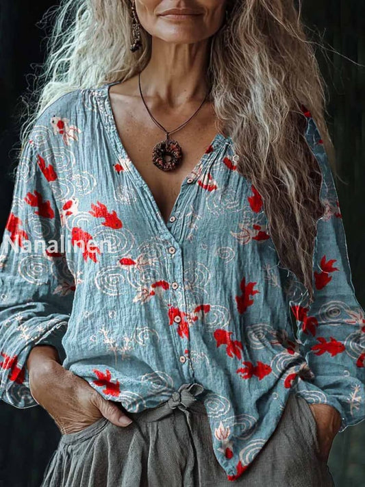Women’s Vintage Goldfish Art Print V-Neck Casual Cotton And Linen Shirt Blue / S