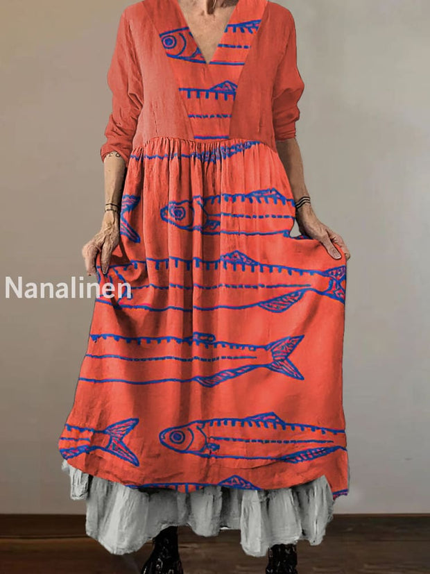 Women`s Vintage Hairtail Art Print Cotton V-neck Midi Dress Colorful / S