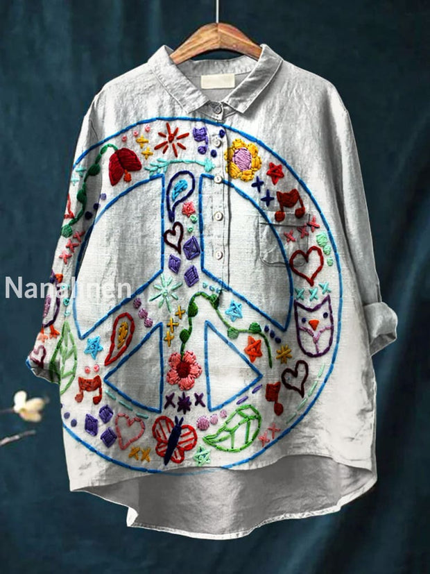 Women’s Vintage Hippie Art Print Casual Cotton Linen Round Neck Button Pocket Mid Sleeve Shirt