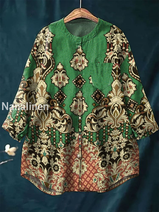 Women’s Vintage Hippie Art Print Casual Cotton Linen Round Neck Top Colorful / S