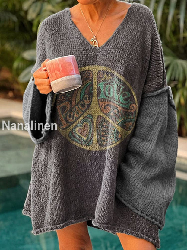 Women’s Vintage Hippie Art Print Chic V Neck Casual Sweater Pullover A / S