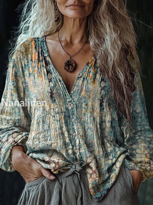 Women’s Vintage Hippie Art Print V-Neck Casual Cotton And Linen Shirt Colorful / S