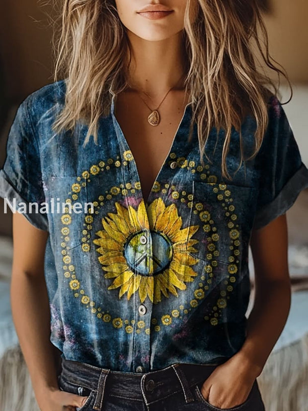 Women’s Vintage Hippie Art Print V-Neck Casual Cotton and Linen Shirt Top A / S