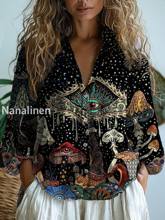 Women’s Vintage Hippie mushroom Floral Art Print V-Neck Casual Cotton and Linen Shirt Top A / S