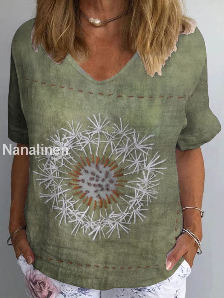 Women’s Vintage Hippie Pattern Art Print Retro Cotton Linen V-Neck T-Shirt Colorful / S