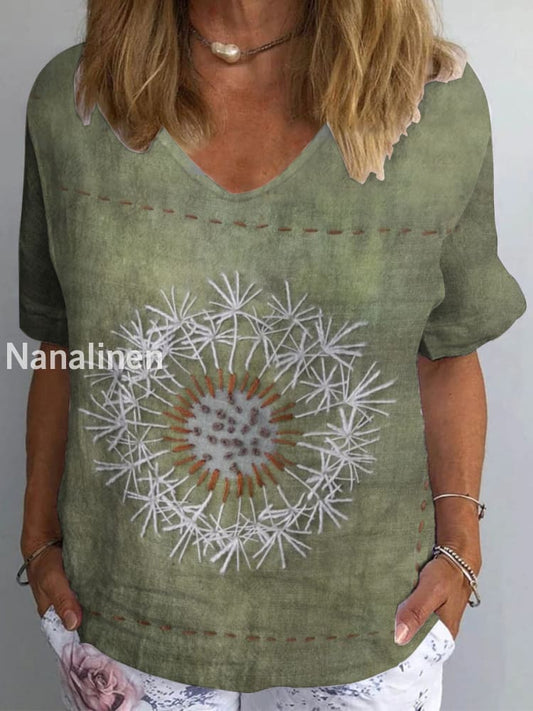 Women’s Vintage Hippie Pattern Art Print Retro Cotton Linen V-Neck T-Shirt Colorful / S