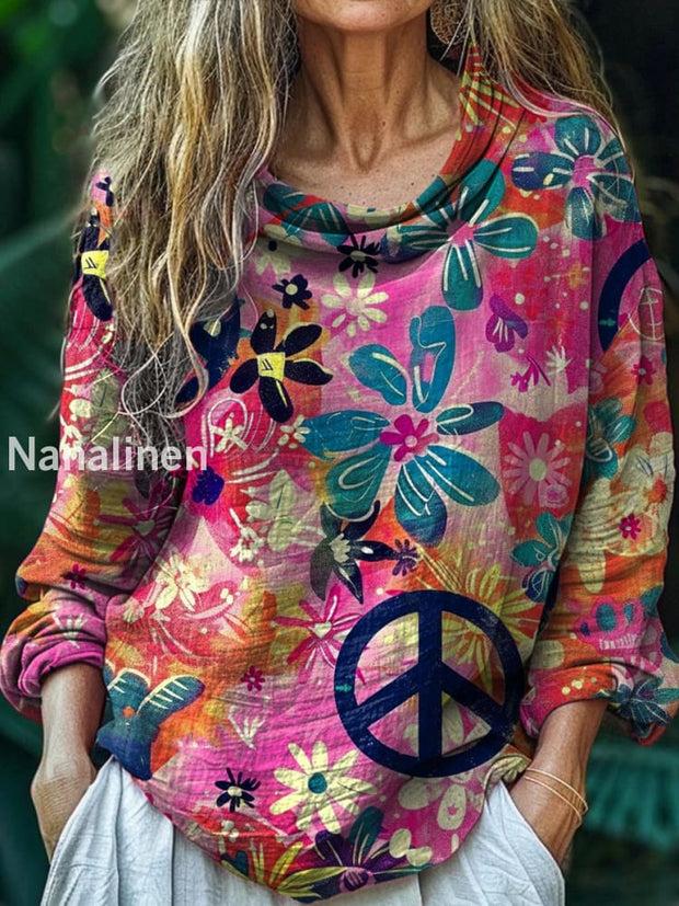 Women’s Vintage Hippie Print Casual Long Sleeve Comfortable Cotton Shirt Top A / S