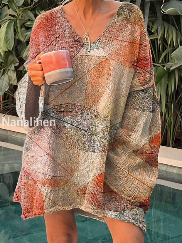 Women’s Vintage Leaves Art Print V-Neck Casual Pullover Sweater Orange / S