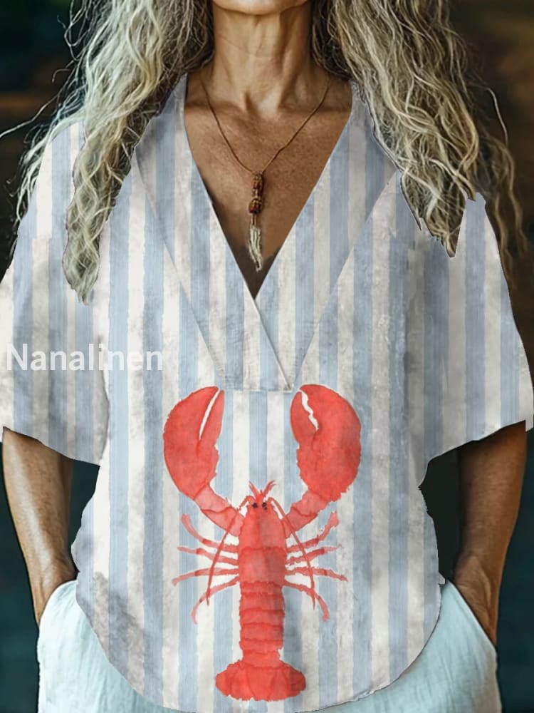 Women’s Vintage Lobster Art Print V-Neck Casual Cotton And Linen Top Colorful / S