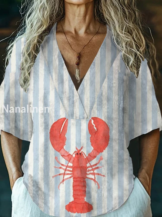 Women’s Vintage Lobster Art Print V-Neck Casual Cotton And Linen Top Colorful / S