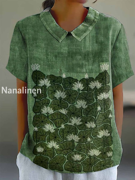 Women’s Vintage Lotus Art Print Cotton Casual Short Sleeve Shirt Colorful / S