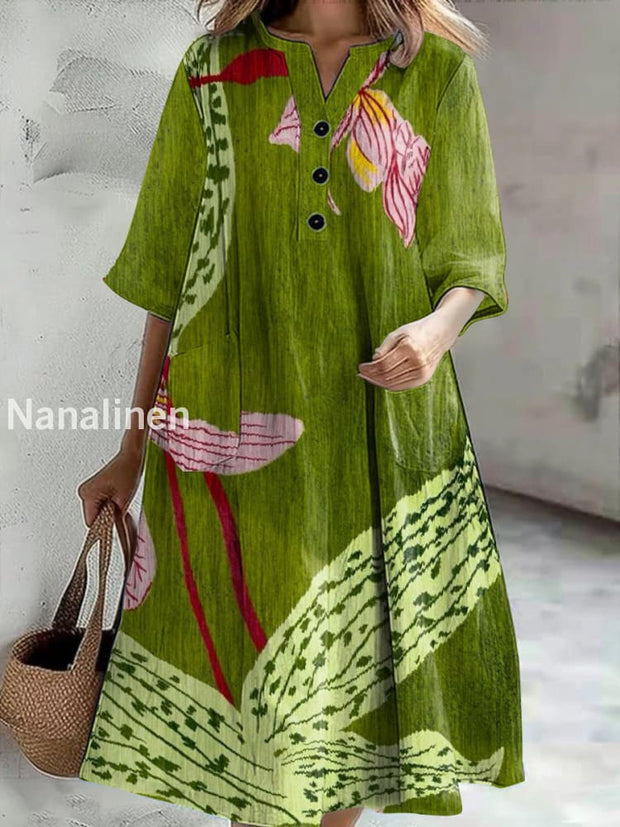 Women’s Vintage Lotus Print Casual V-Neck Midi Sleeve Button Dress Colorful / S