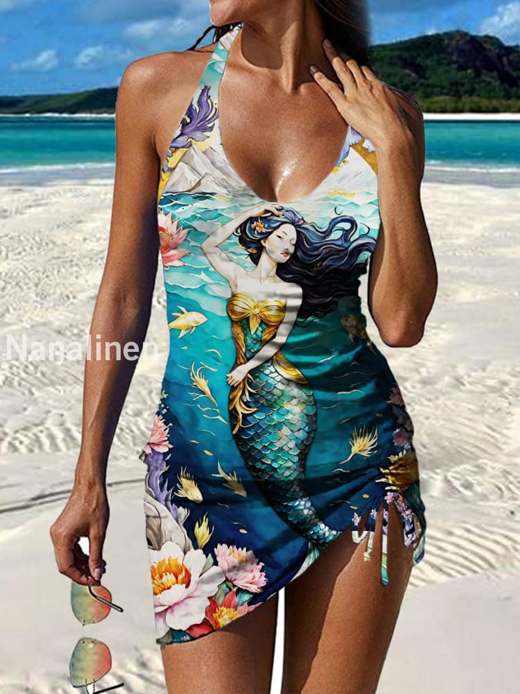 Women’s Vintage Mermaid Print Pleated V-Neck Casual Swimsuit A / S