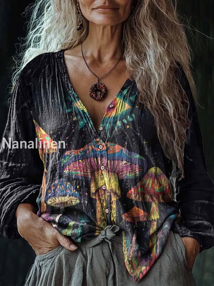 Women’s Vintage Mushroom Art Print V-Neck Casual Cotton And Linen Shirt Black / S