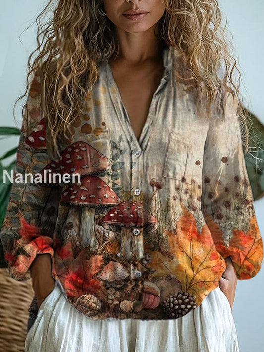 Women’s Vintage Mushroom Floral Art Print V-Neck Casual Cotton and Linen Shirt Top A / S