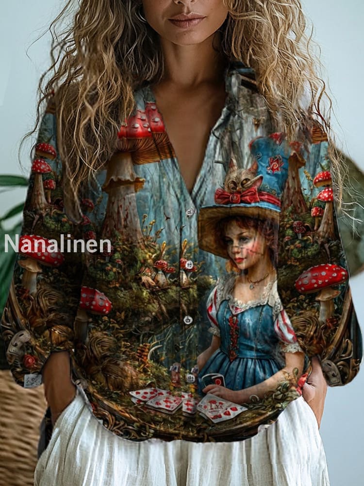Women’s Vintage Mushroom Floral Art Print V-Neck Casual Cotton and Linen Shirt Top A / S