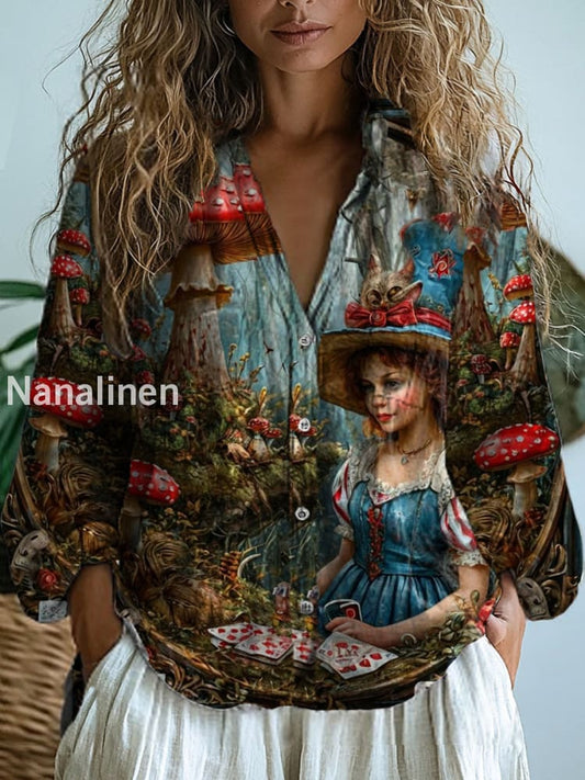 Women’s Vintage Mushroom Floral Art Print V-Neck Casual Cotton and Linen Shirt Top A / S