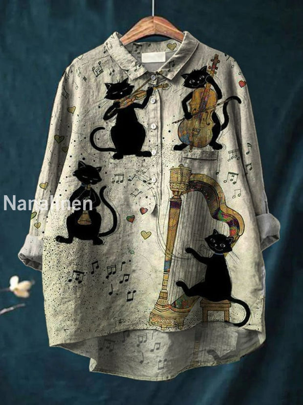 Women’s Vintage Music Art Print Casual Cotton Linen Round Neck Button Pocket Midi Sleeve Shirt