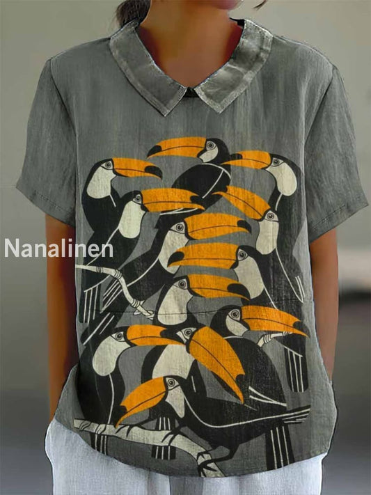 Women’s Vintage Parrot Art Print Cotton Casual Short Sleeve Shirt Colorful / S