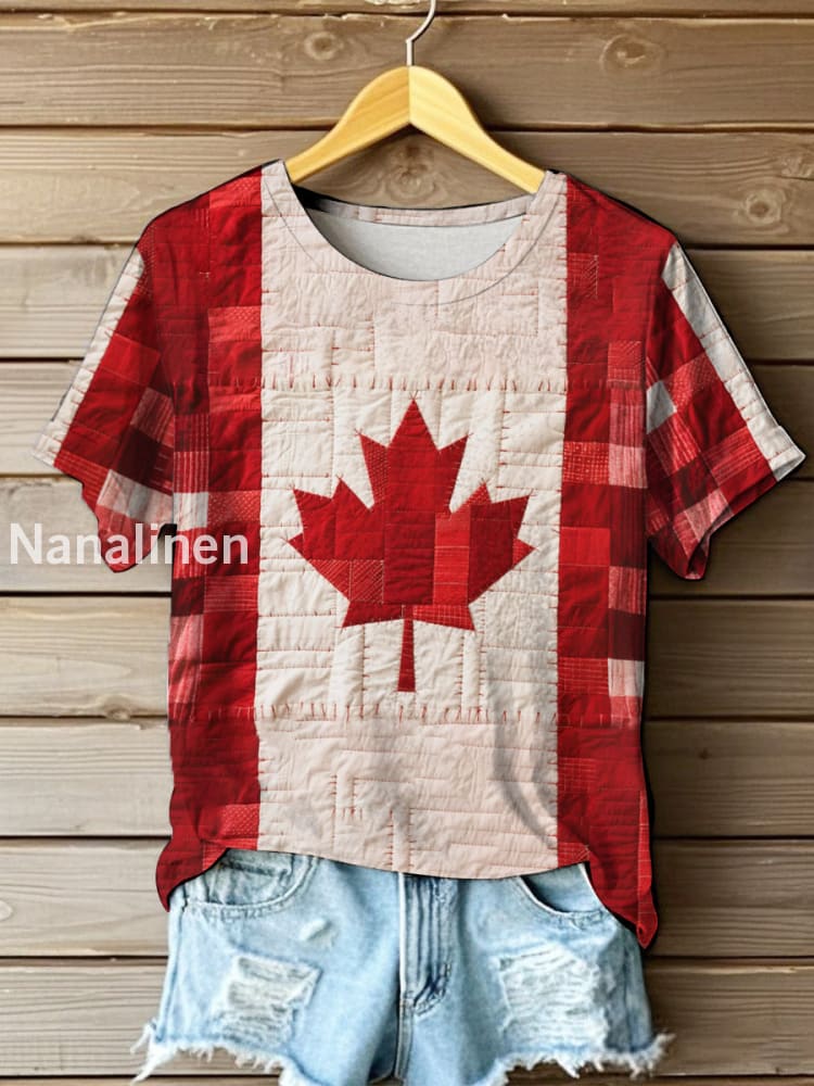 Women’s Vintage Patchwork Canadian Maple Leaf Print Casual Tee Red / S