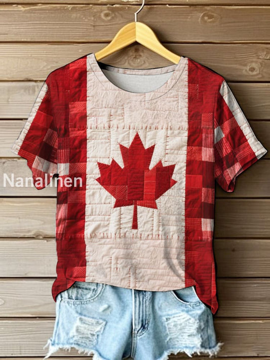 Women’s Vintage Patchwork Canadian Maple Leaf Print Casual Tee Red / S