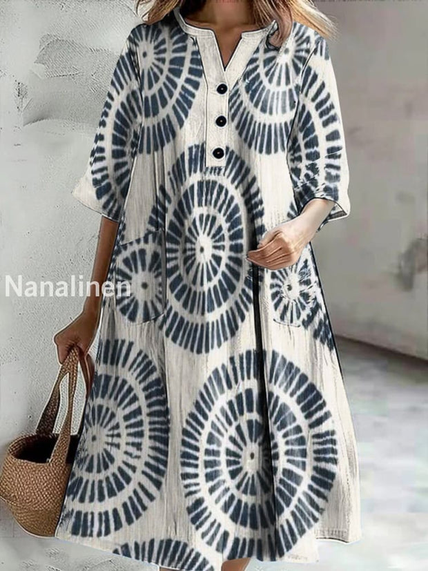 Women’s Vintage Pattern Print Casual V-Neck Midi Sleeve Button Dress Colorful / S