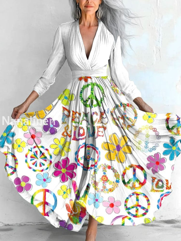 Women`s Vintage Peace And Love Print Cotton Casual V-neck Dress Colorful / S