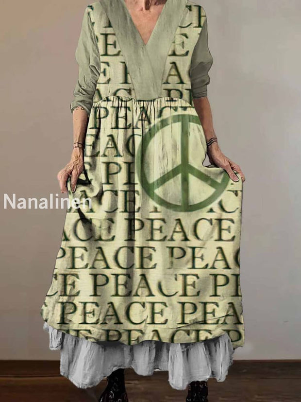 Women`s Vintage Peace Art Print Cotton V-neck Midi Dress Colorful / S