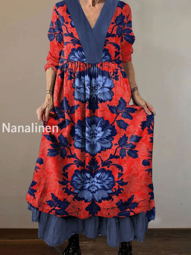 Women`s Vintage Peony Art Print Cotton V-neck Midi Dress Colorful / S