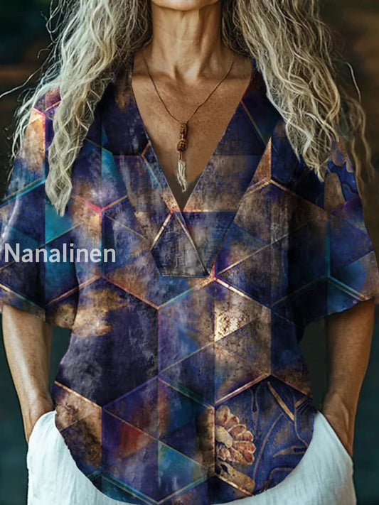 Women’s Vintage Plaid Art Print V-Neck Casual Cotton And Linen Top Colorful / S
