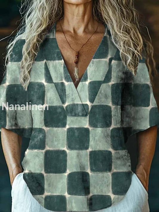 Women’s Vintage Plaid Art Print V-Neck Casual Cotton And Linen Top Green / S