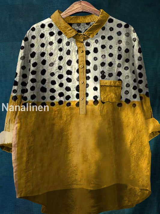 Women’s Vintage Pockets Print Casual Cotton Linen Round Neck Top Colorful / S