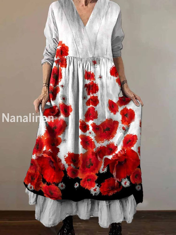 Women`s Vintage Poppy Flowers Art Print Cotton V-neck Midi Dress Colorful / S