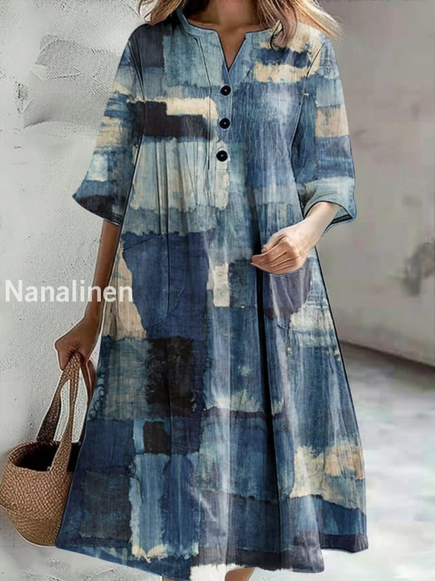Women’s Vintage Print Casual V-Neck Midi Sleeve Button Dress Colorful / S