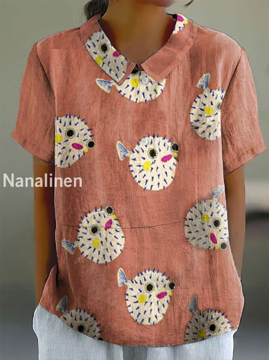 Women’s Vintage Puffer Print Doll Collar Cotton Casual Shirt Colorful / S