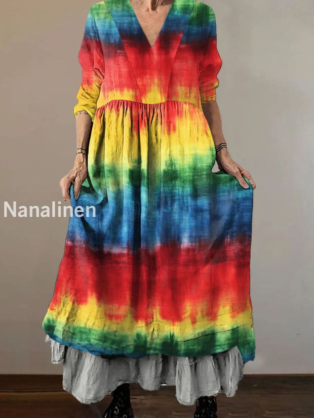 Women`s Vintage Rainbow Color Art Print Cotton V-neck Midi Dress Colorful / S