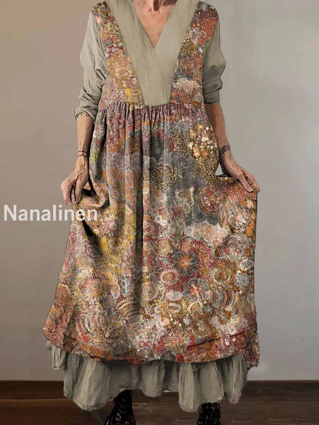 Women`s Vintage Retro Pattern Art Print Cotton V-neck Midi Dress Colorful / S