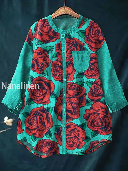 Women’s Vintage Rose Art Print Casual Cotton Linen Round Neck Top Colorful / S