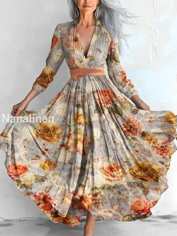 Women`s Vintage Roses Print Cotton Casual V-neck Dress Colorful / S