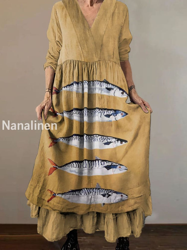 Women`s Vintage Saury Art Print Cotton V-neck Midi Dress Yellow / S